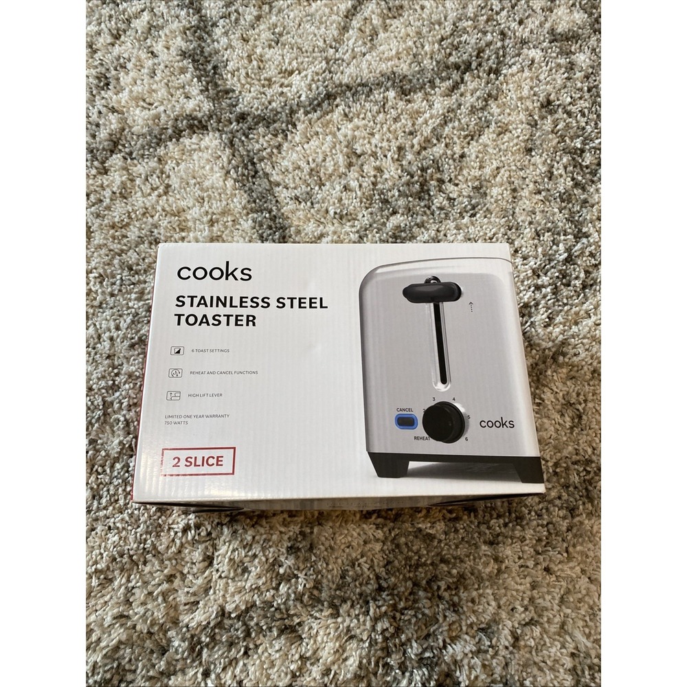 Cooks 2 Slice Stainless Steel Toaster 6 Settings 750W Silver 22304/22304C NEW